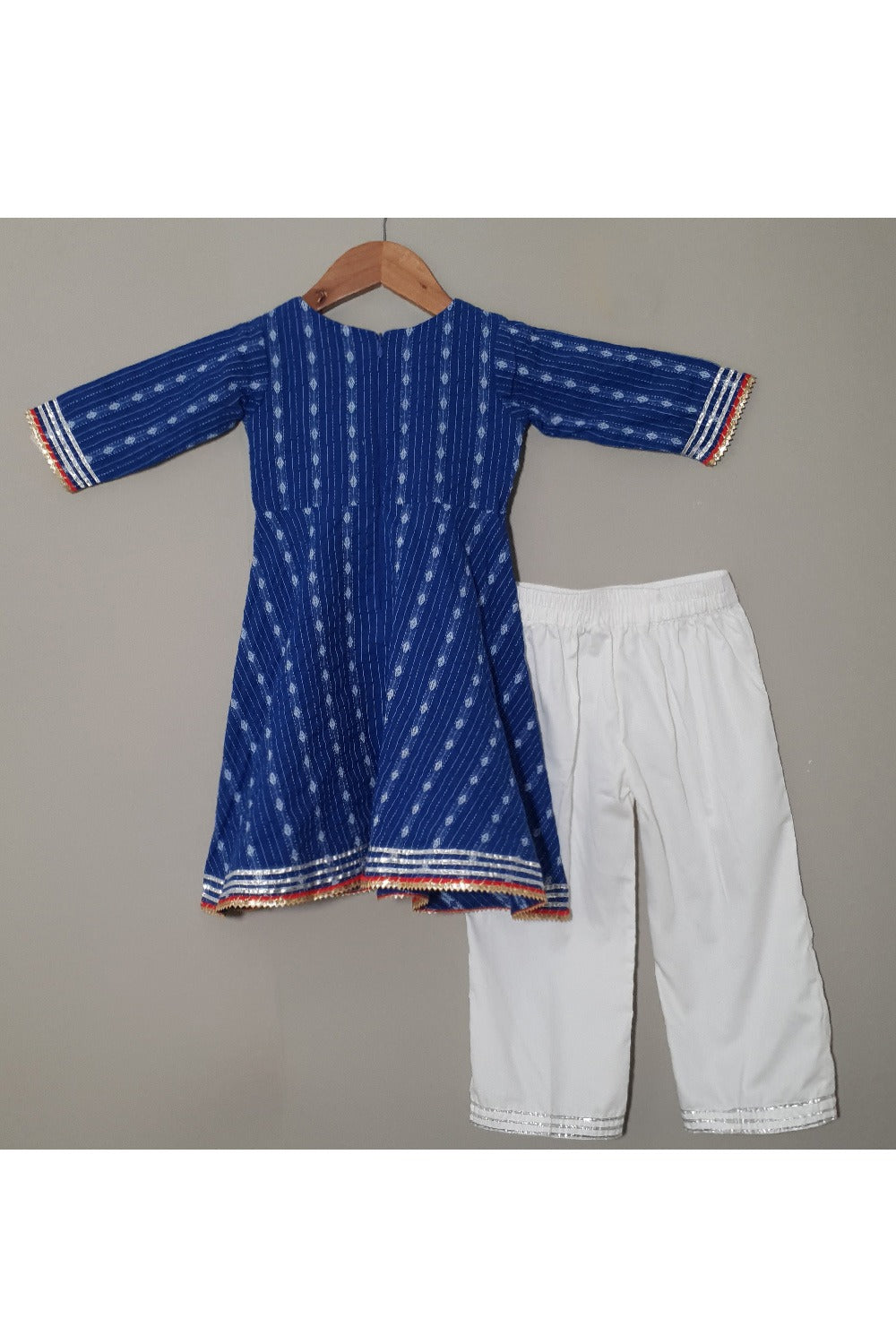 Dark Blue Printed And Lace Detailing Anarkali Kurta With Pyjama Set