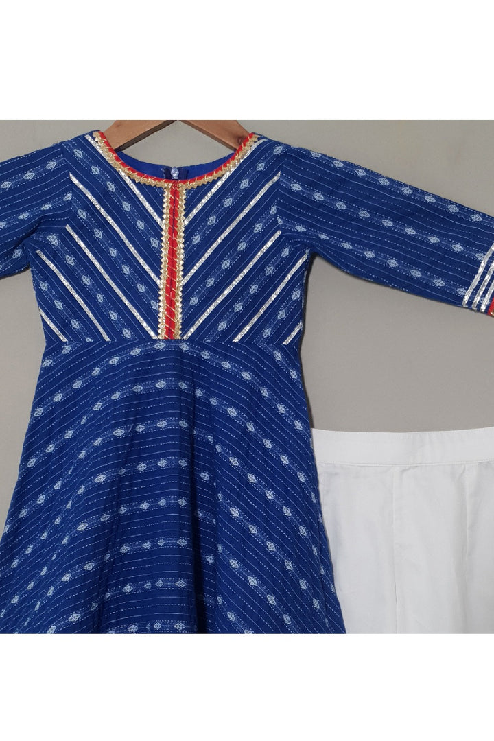 Dark Blue Printed And Lace Detailing Anarkali Kurta With Pyjama Set
