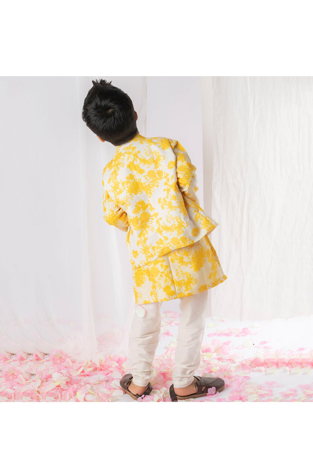 Yellow Floral Printed Muslin Cotton Kurta With Jacket Set
