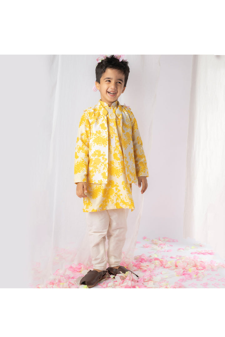 Yellow Floral Printed Muslin Cotton Kurta With Jacket Set