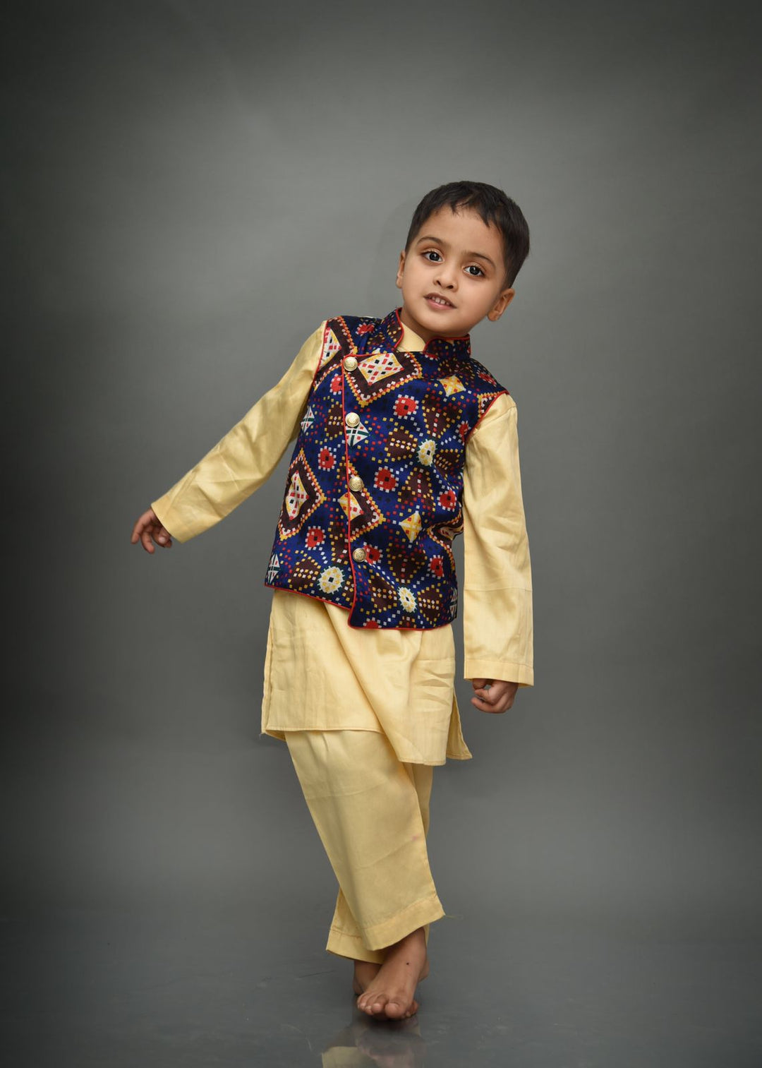 Ink blue printed jacket with cream kurta pyjama set