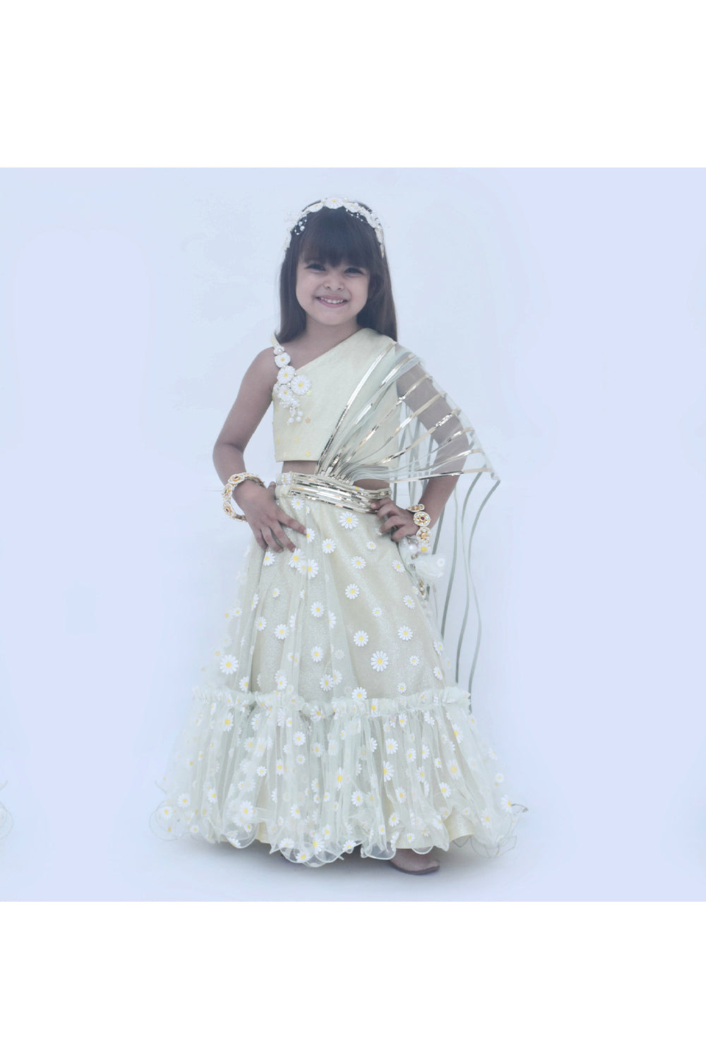 Mint green floral printed choli lehenga with drape dupatta