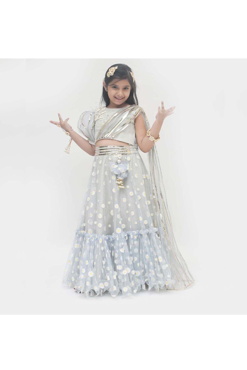 Light blue floral printed choli with drape dupatta and lehenga
