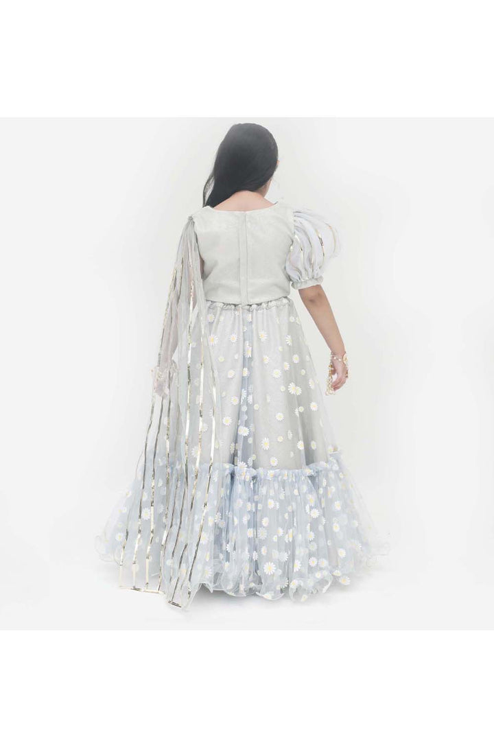 Light blue floral printed choli with drape dupatta and lehenga
