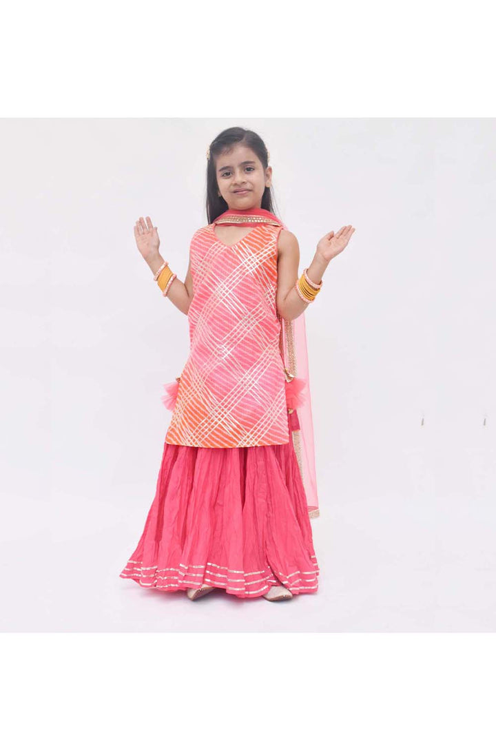 Pink leheriya gota patti work kurti with coral skirt