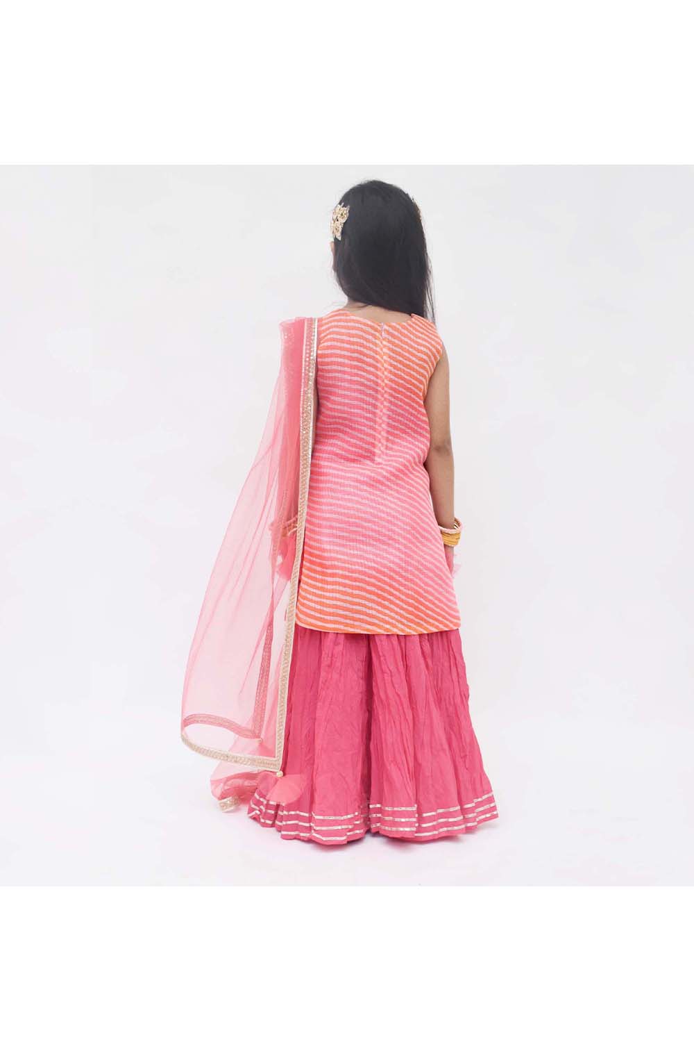 Pink leheriya gota patti work kurti with coral skirt