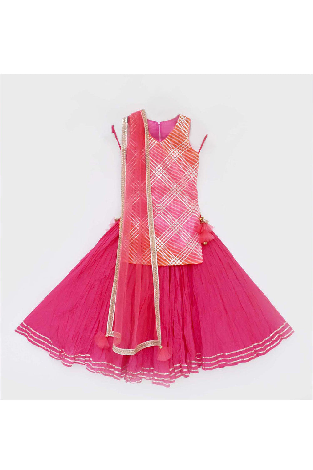 Pink leheriya gota patti work kurti with coral skirt