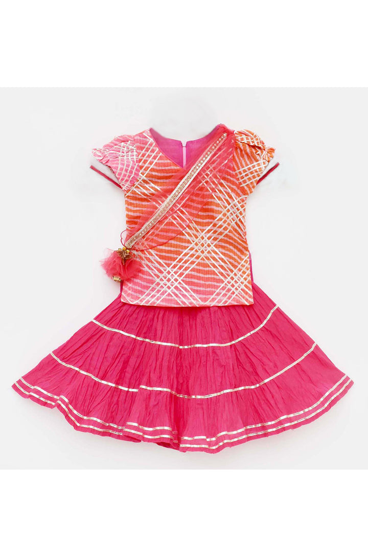 Pink leheriya short kurti with lehenga and dupatta