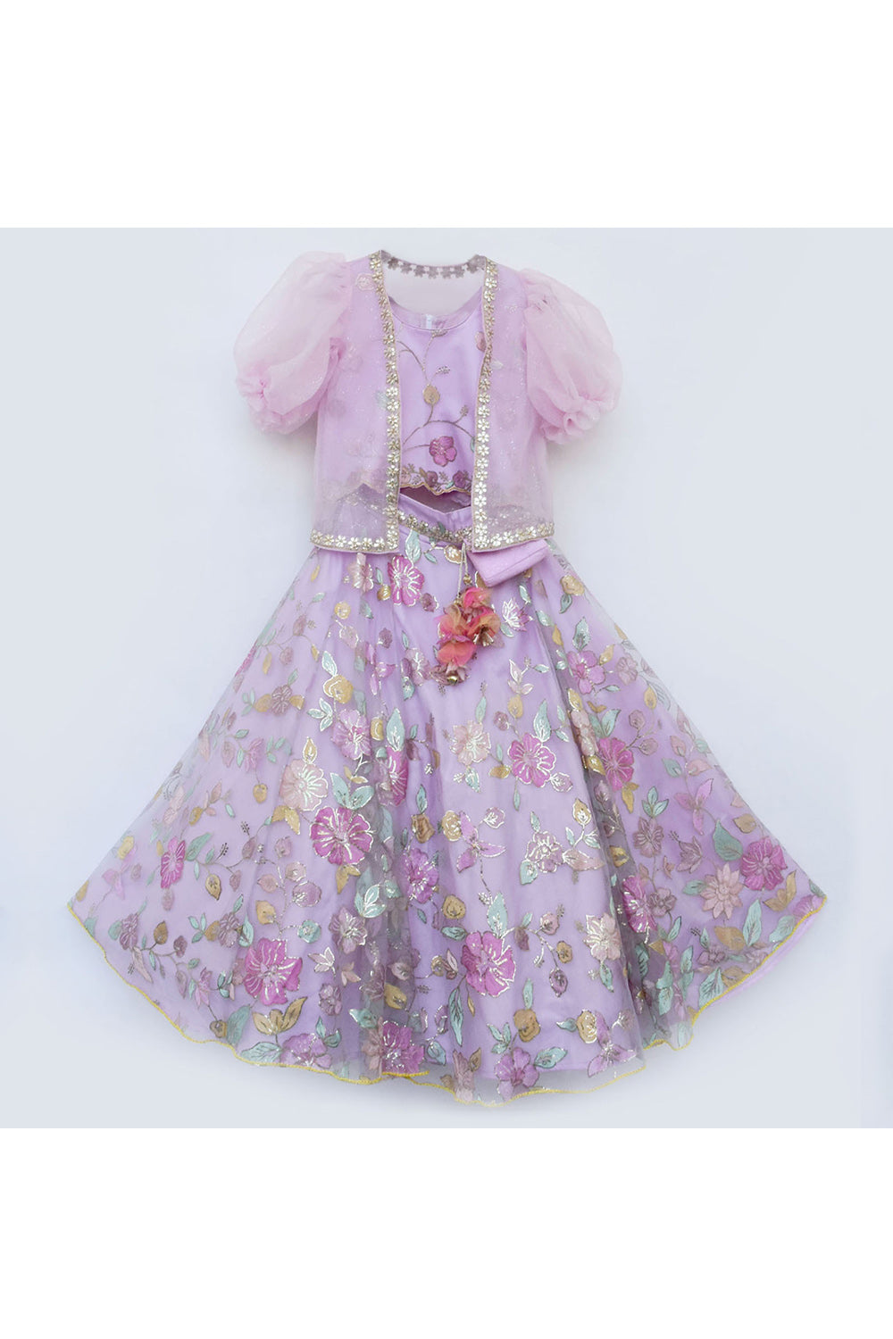 Lilac organza jacket with embroidered choli and lehenga
