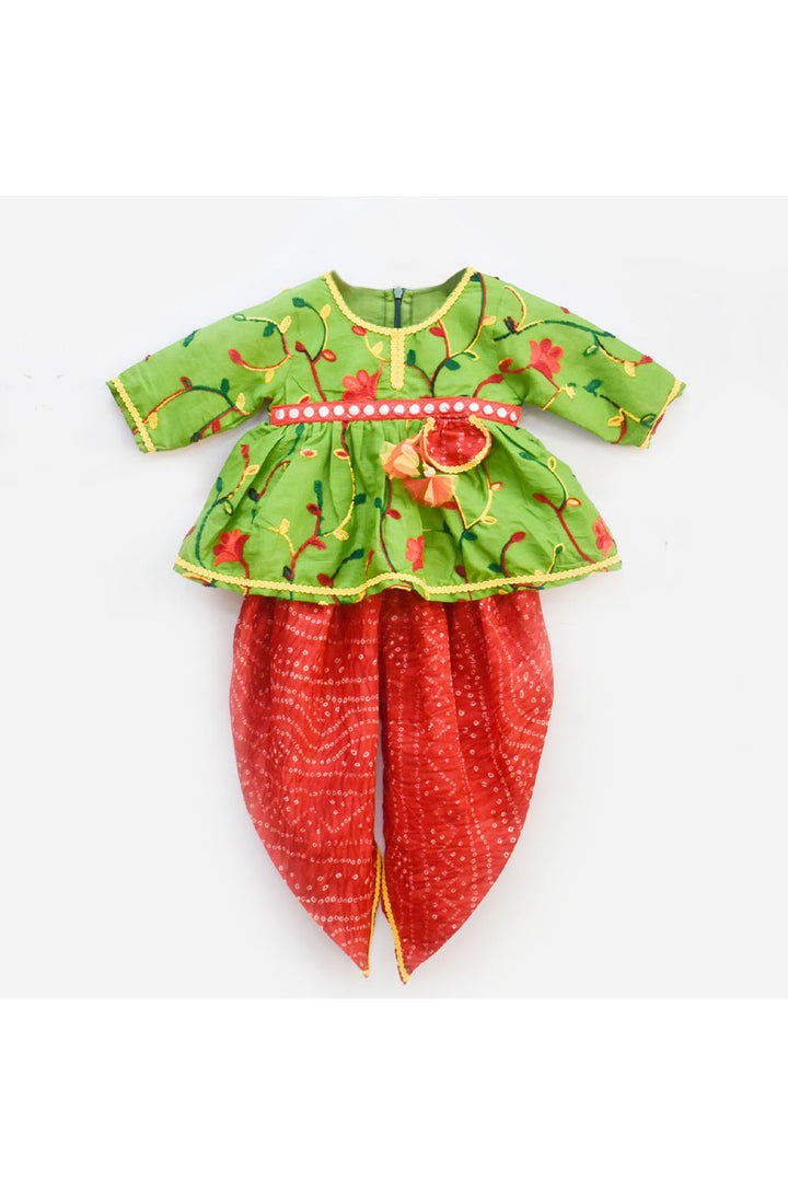 Green floral embroidered peplum style top with red dhoti