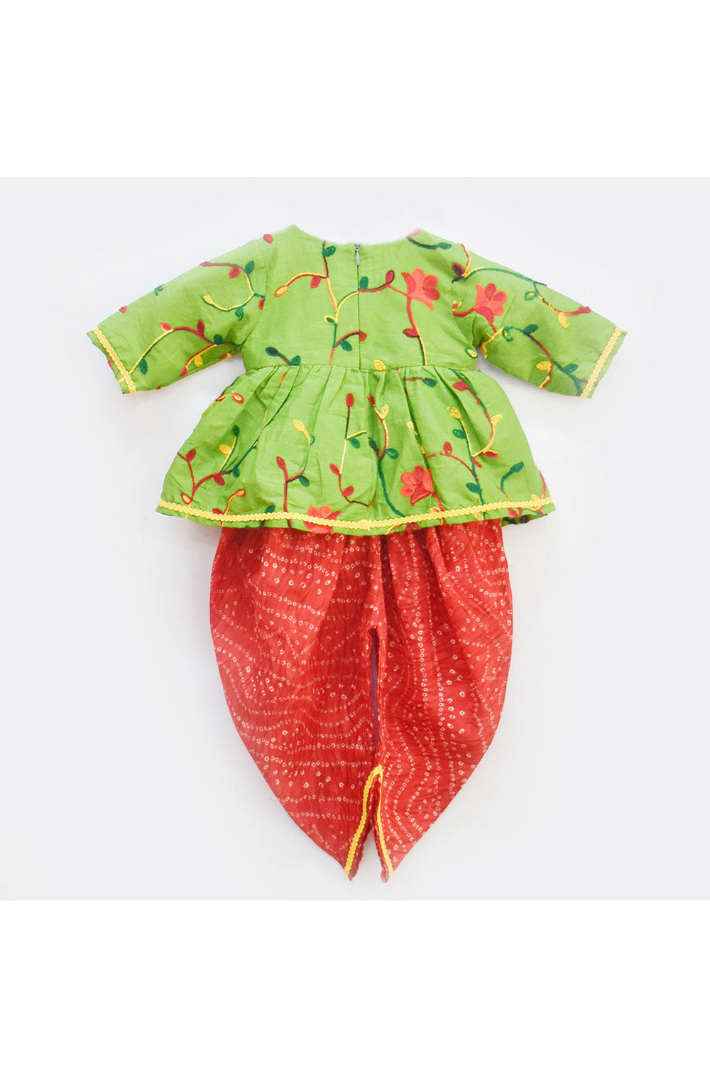 Green floral embroidered peplum style top with red dhoti