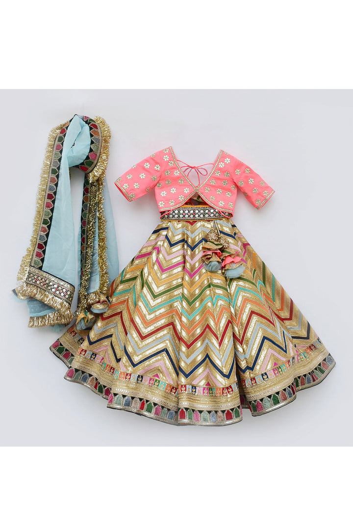 Pink floral embroidered choli with lehenga and organza dupatta