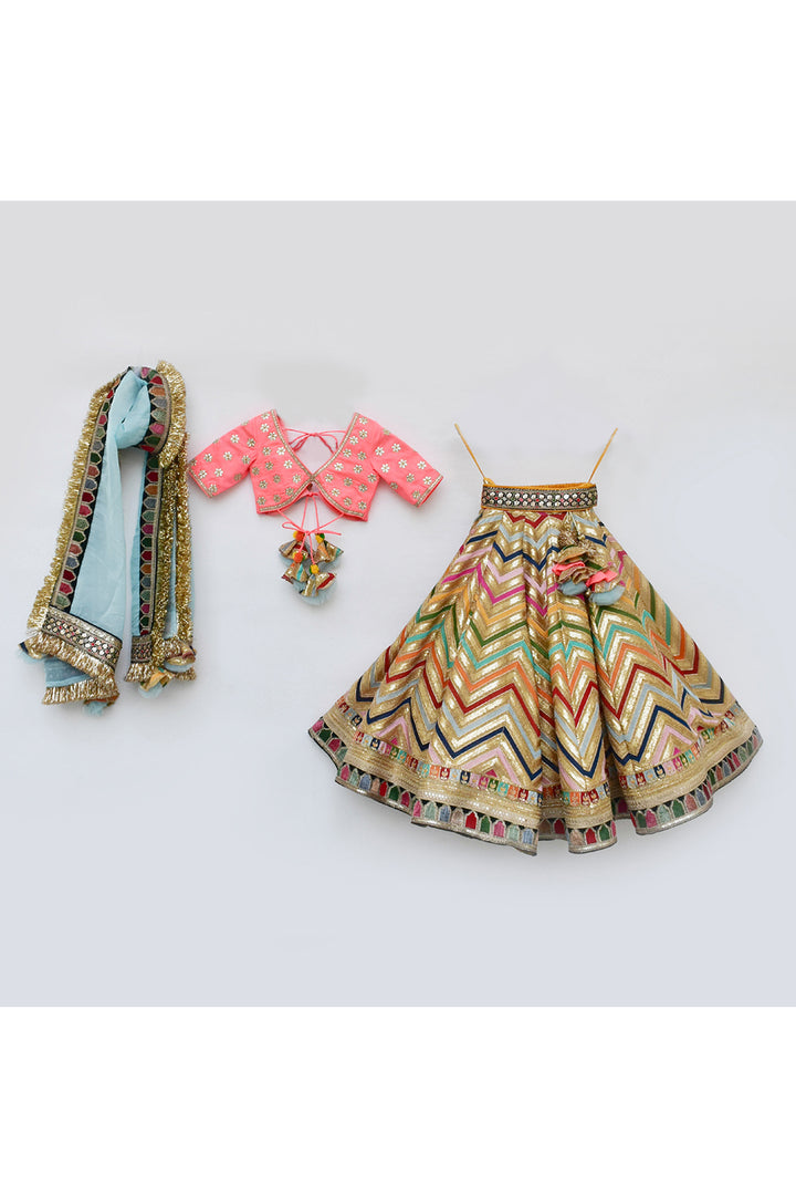 Pink floral embroidered choli with lehenga and organza dupatta