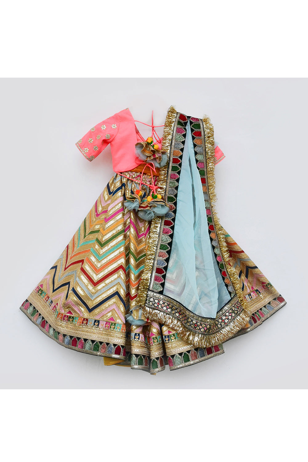 Pink floral embroidered choli with lehenga and organza dupatta