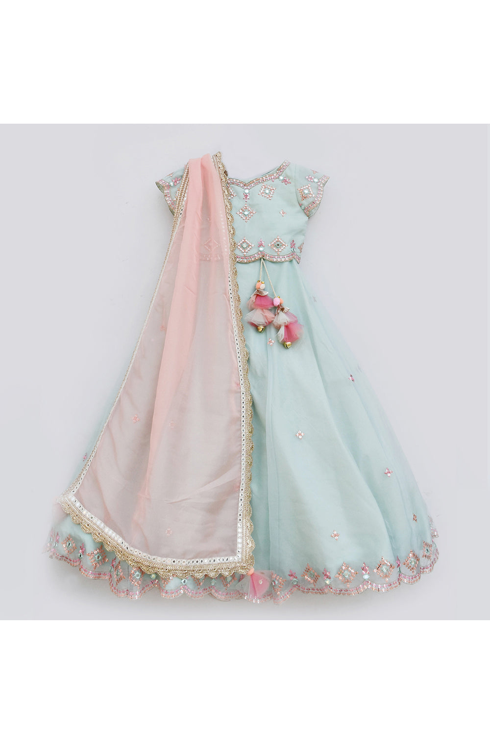 Light blue mirror work embroidered choli with lehenga set