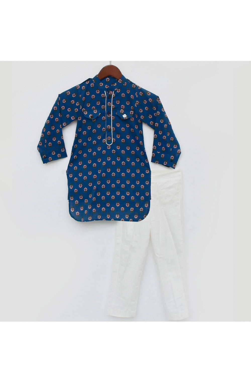 Dark Blue Flower Printed Cotton Kurta With Pant Set