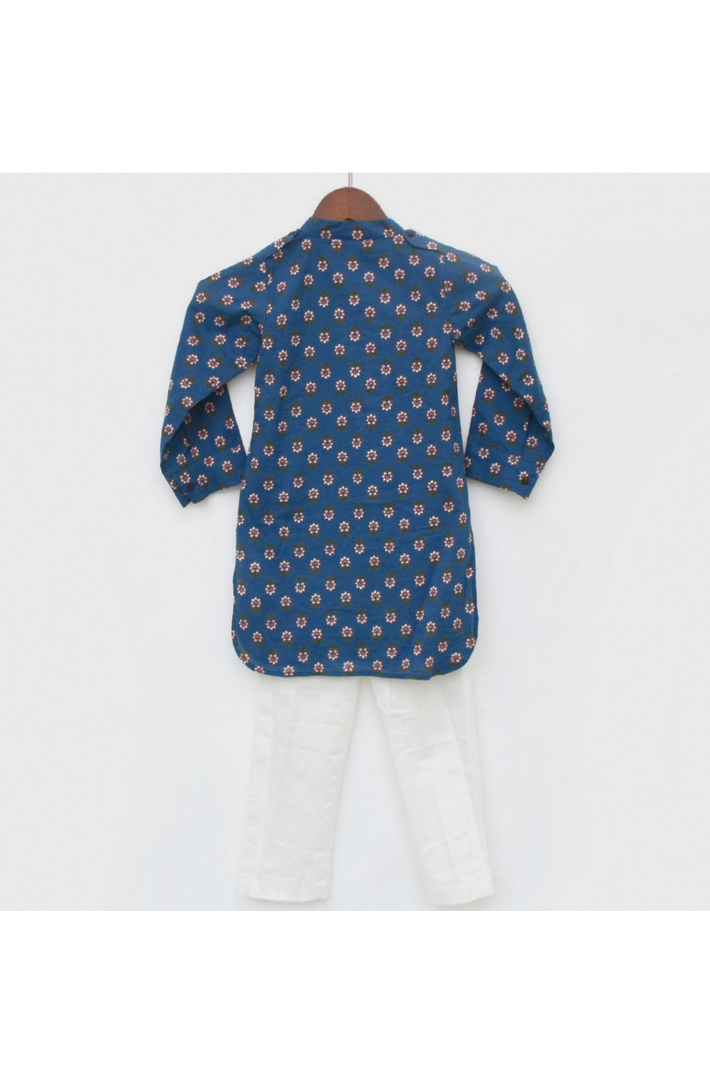 Dark Blue Flower Printed Cotton Kurta With Pant Set