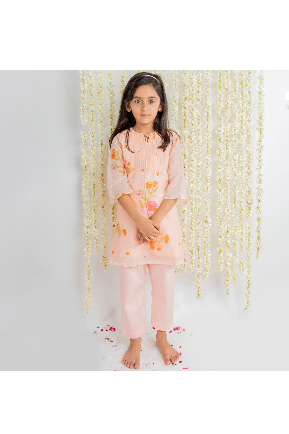 Peach Pomegranate Printed Pintucks Kurta With Pyjama Set